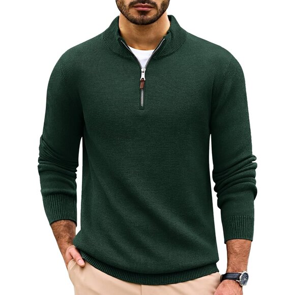 Mens Sweater Quarter Zip Pullover Casual Knit Cotton Long Sleeve Mock Neck Polo